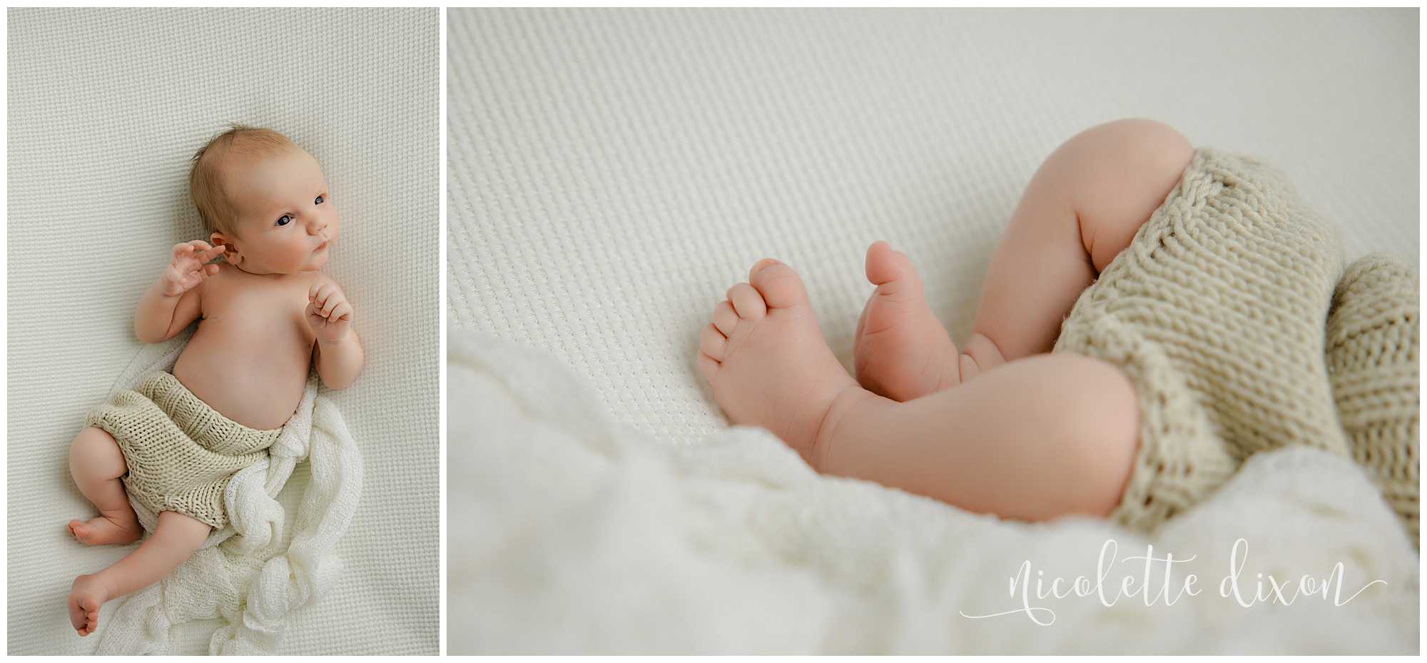 Newborn baby boy's toes on white blanket in studio in North Fayette Township near Pittsburgh.