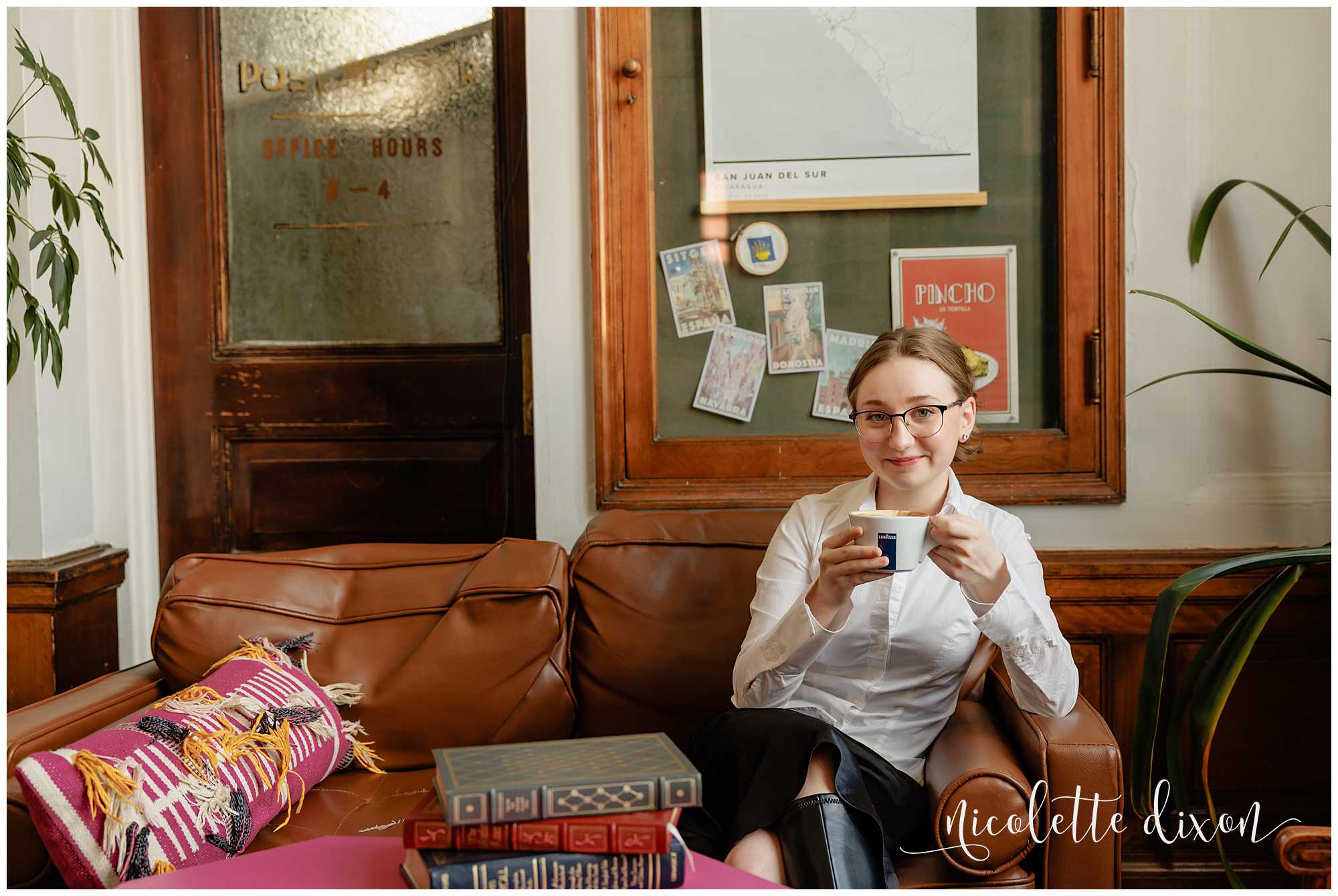 High School Senior Girl Sitting on Couch at Carnegie Coffee Company in Carnegie near Pittsburgh PA