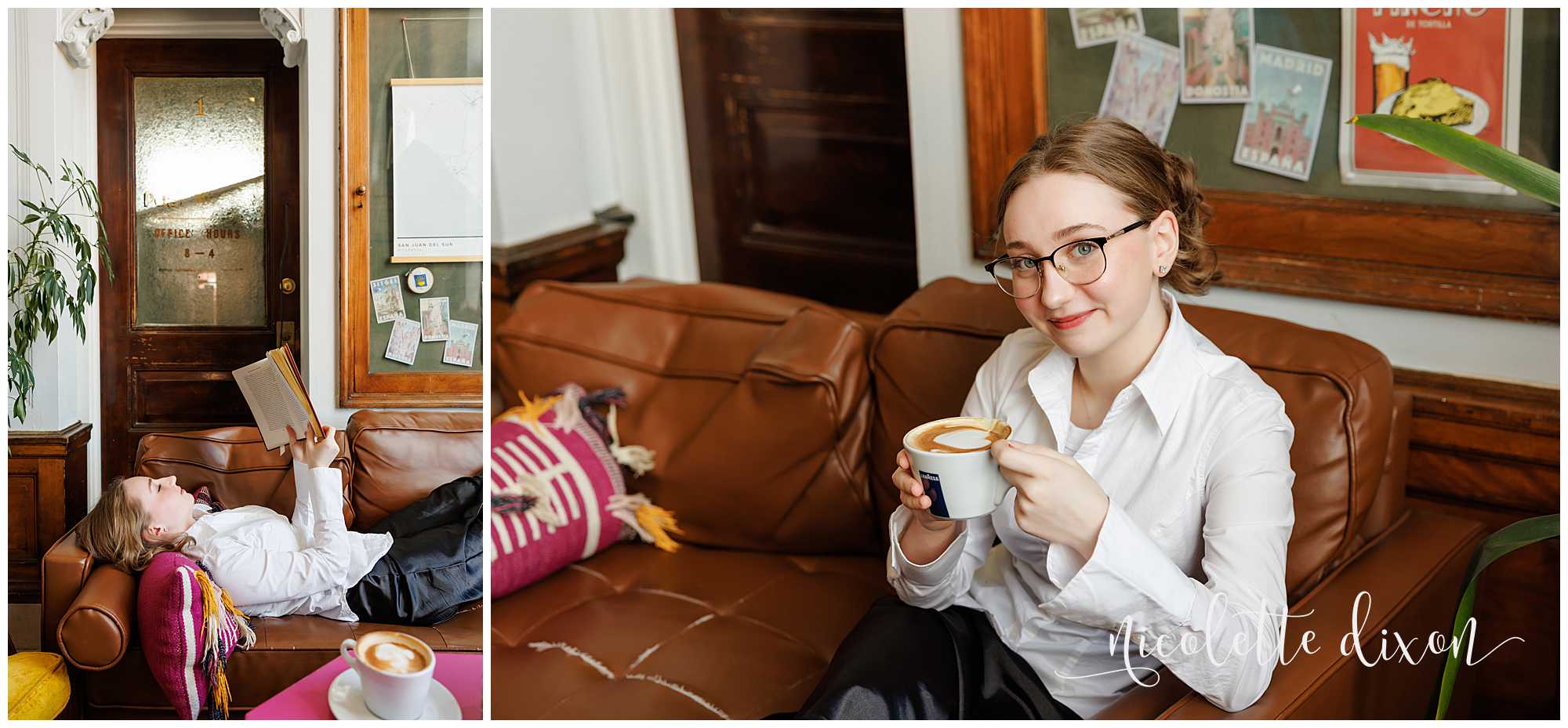 High School Senior Girl Sitting on Couch at Carnegie Coffee Company in Carnegie near Pittsburgh PA