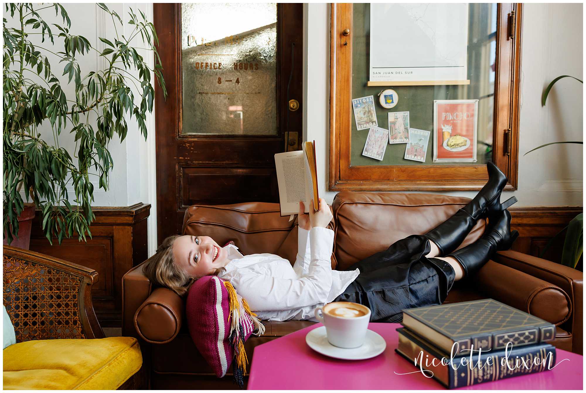 High School Senior Girl Laying on Couch Carnegie Coffee Company in Carnegie near Pittsburgh PA