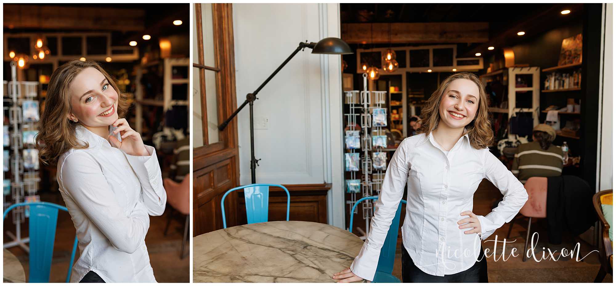 High School Senior Girl Standing in Carnegie Coffee Company in Carnegie near Pittsburgh PA