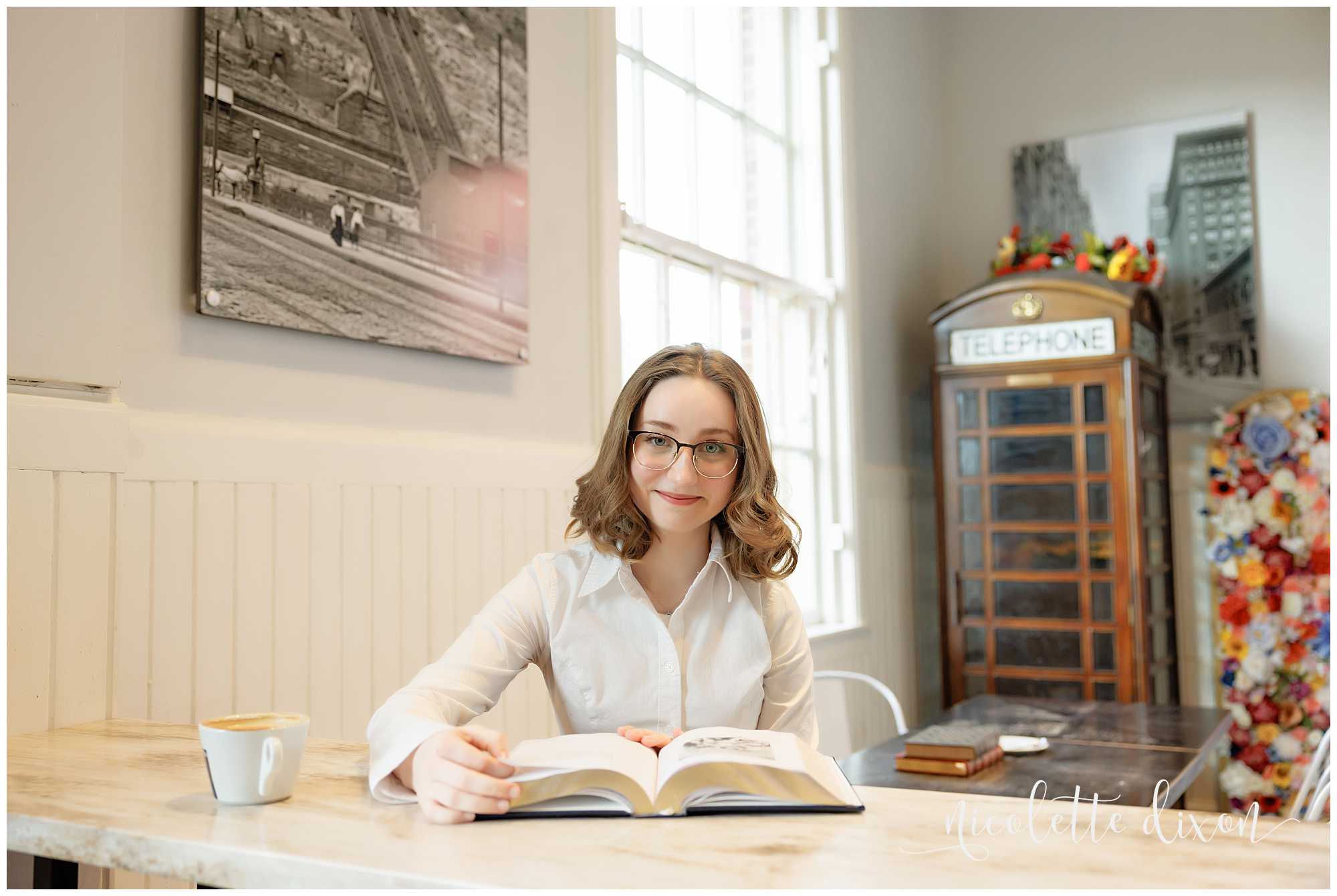 High School Senior Girl Reading a Book at Carnegie Coffee Company in Carnegie near Pittsburgh PA