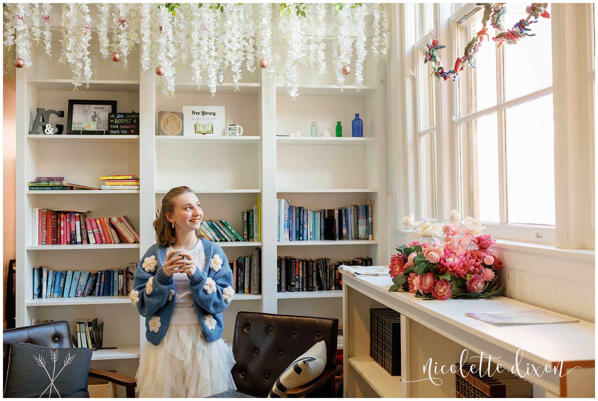 High School Senior Girl Looking Out Window in Carnegie Coffee Company in Carnegie near Pittsburgh PA