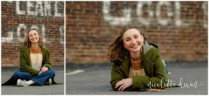 High School Senior Girl Laying on Street in Carnegie near Pittsburgh PA