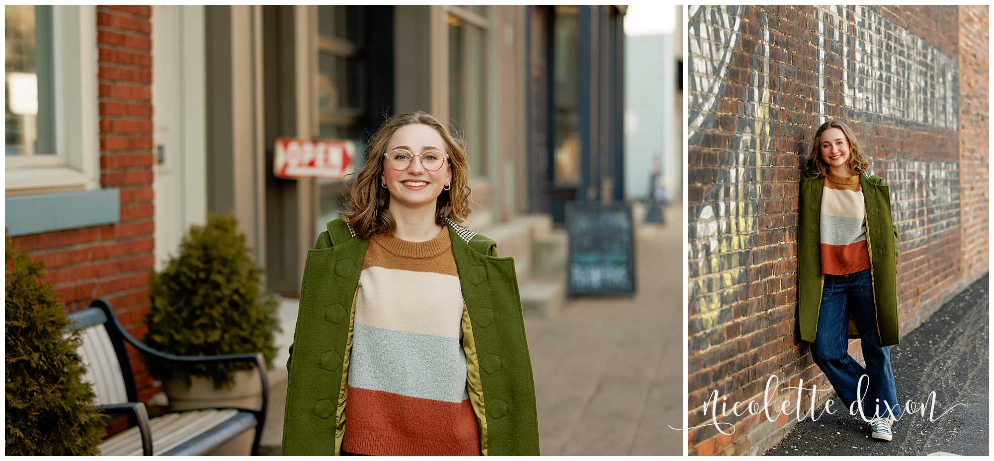High School Senior Girl Walking Down Sidewalk in Carnegie near Pittsburgh PA