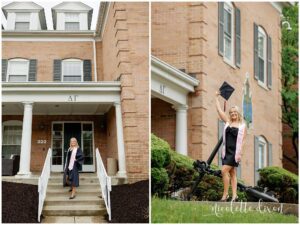 College grad standing in front of sorority at Washington and Jefferson College near Pittsburgh