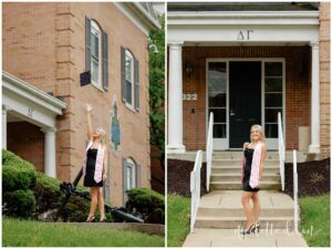 College grad throwing up hat in front of sorority at Washington and Jefferson College near Pittsburgh