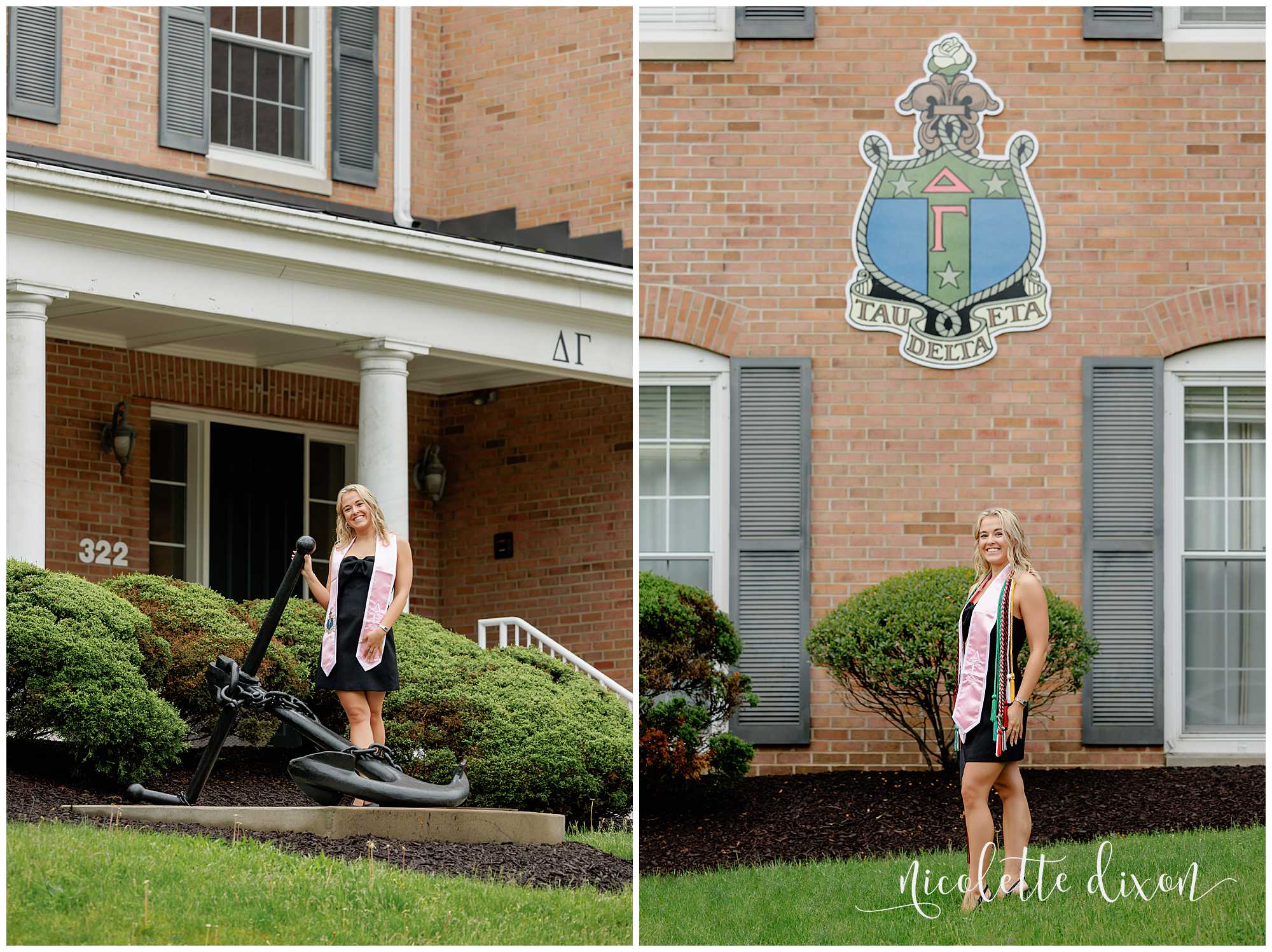 College grad standing next to anchor in front of sorority at Washington and Jefferson College near Pittsburgh