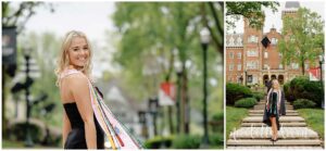 College grad throwing hat up in front of Old Main at Washington and Jefferson College near Pittsburgh