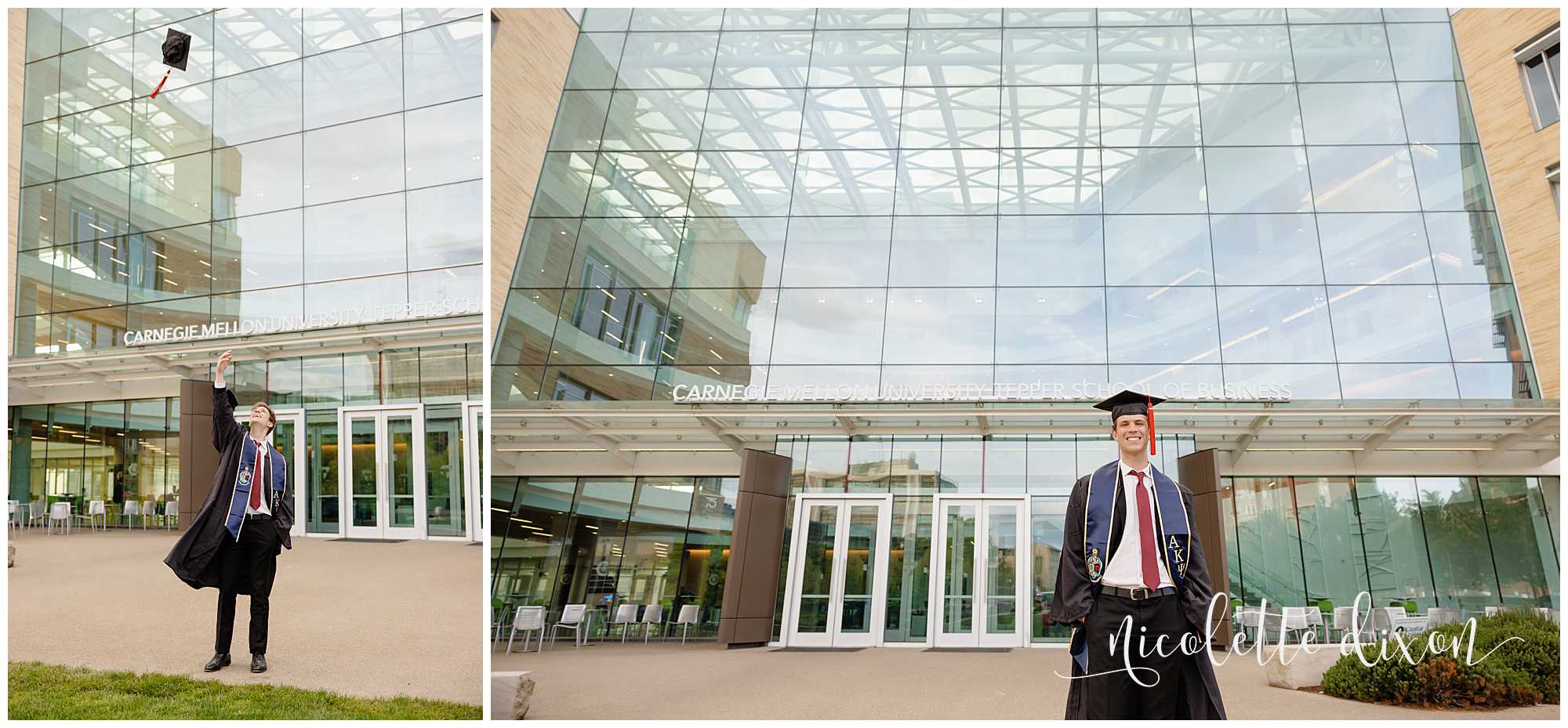 College Graduate Standing in Front of Tepper School of Business at Carnegie Mellon University in Pittsburgh PA