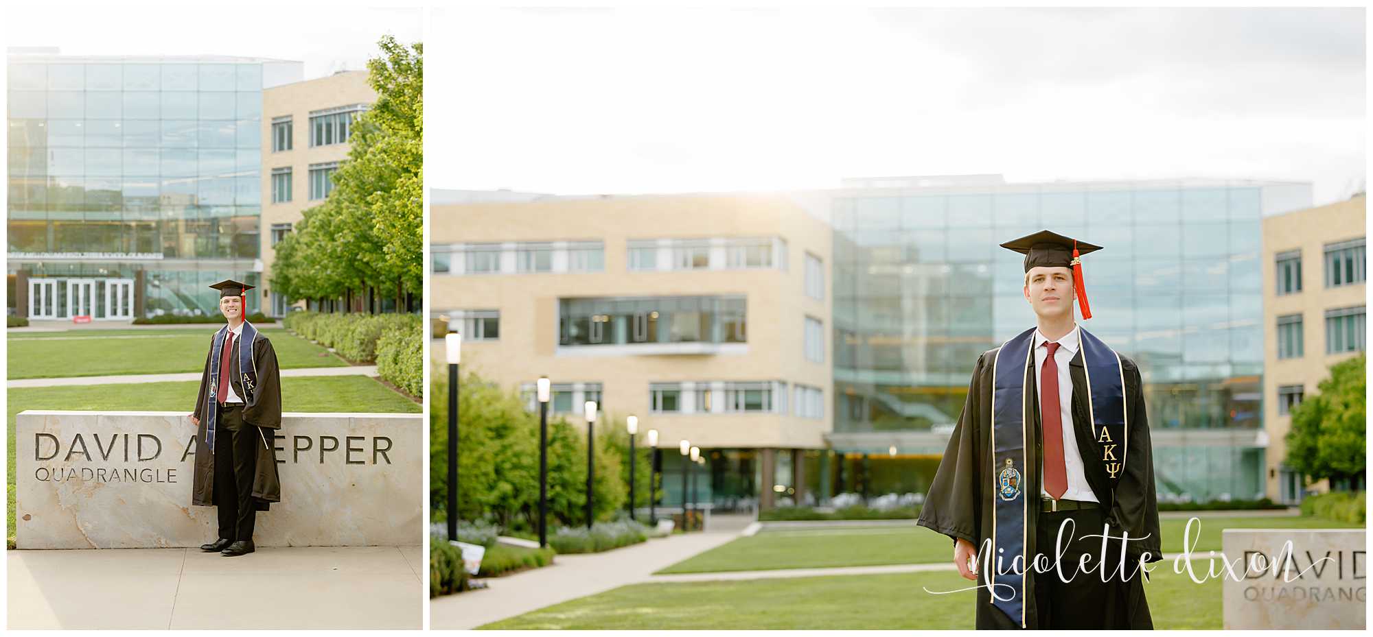 College Graduate Wearing Cap and Gown in Front of Tepper School of Business at Carnegie Mellon University in Pittsburgh PA