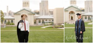 College Graduate Standing with Gown over Shoulder in Front of Hamerschlag Hall at Carnegie Mellon University in Pittsburgh PA